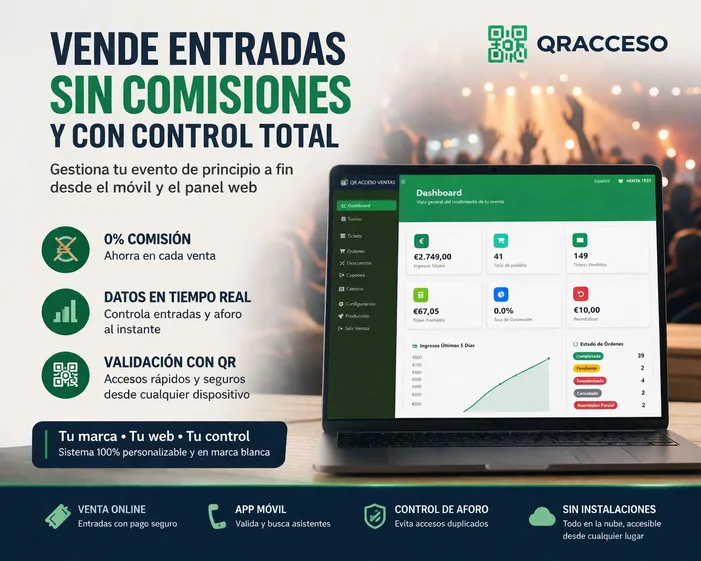 Tickets10 con QRacceso: vende entradas sin comisiones y con control total del evento desde el móvil y el panel web